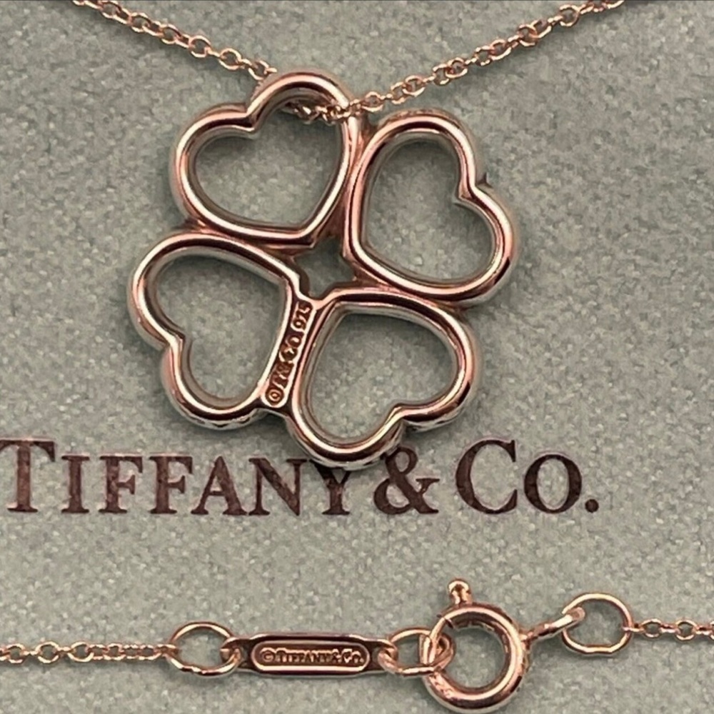 🌟2XHP🌟Auth Rare Tiffany & Co. Four Heart Clover Pendant Necklace 16” inch chain - Picture 6 of 6